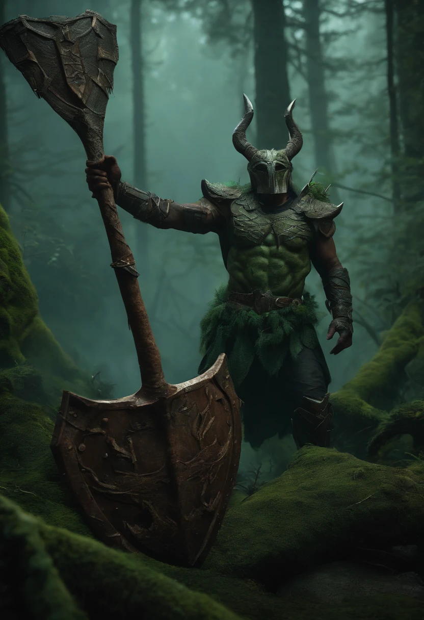 (Best Quality, 8K, Masterpiece, Ultra HD: 1.3, Huge detail, 35mm, sharp, hyper realistic, epic scale, insane level of details, very detailed eyes and face, detailed eyes), (valheim), (half-light, twilight, misty swamp forest), (anthropomorphic draugr walking through a mystical swampy forest at distance, old rusty axe and round shield made of branches in hands, wearing armor made of branches, dark {green|brown} hair, {green|brown} skin, green glowing eyes from which green smoke emanates), ((anthropomorphic face))