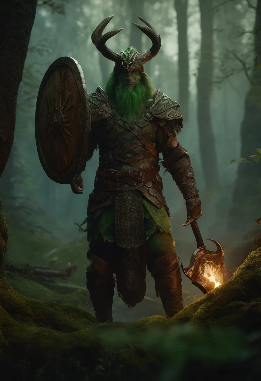 (Best Quality, 8K, Masterpiece, Ultra HD: 1.3, Huge detail, 35mm, sharp, hyper realistic, epic scale, insane level of details, very detailed eyes and face, detailed eyes), (valheim), (half-light, twilight, misty swamp forest), (anthropomorphic draugr walking through a mystical swampy forest at distance, old rusty axe and round shield made of branches in hands, wearing armor made of branches, dark {green|brown} hair, {green|brown} skin, green glowing eyes from which green smoke emanates), ((anthropomorphic face))