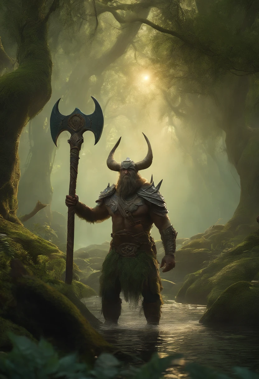 (Best Quality, 8K, Masterpiece, Ultra HD: 1.3, Huge detail, 35mm, sharp, hyper realistic, epic scale, insane level of details, very detailed eyes and face, detailed eyes), (valheim), (half-light, twilight, misty swamp forest), (anthropomorphic draugr walking through a mystical swampy forest at distance, old rusty axe and round shield made of branches in hands, wearing armor made of branches, dark {green|brown} hair, {green|brown} skin, green glowing eyes from which green smoke emanates), ((anthropomorphic face))