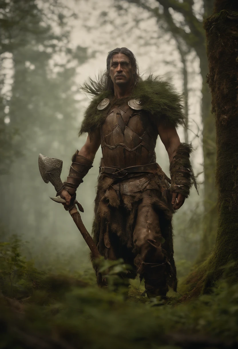 (Best Quality, 8K, Masterpiece, Ultra HD: 1.3, Huge detail, 35mm, sharp, hyper realistic, epic scale, insane level of details, very detailed eyes and face, detailed eyes), (valheim), (half-light, twilight, misty swamp forest), (anthropomorphic draugr walking through a mystical swampy forest at distance, old rusty axe and round shield made of branches in hands, wearing armor made of branches, dark {green|brown} hair, {green|brown} skin, green glowing eyes from which green smoke emanates), ((anthropomorphic face))