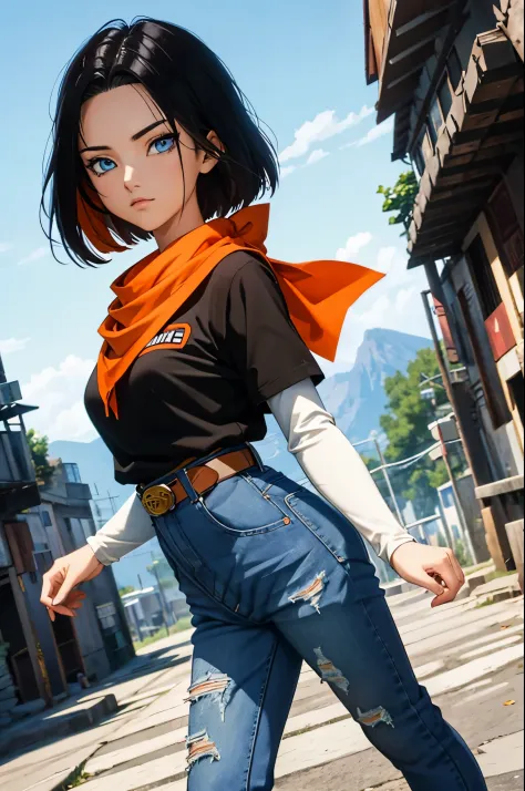(masterpiece), best quality, expressive eyes, perfect face, highres, 1 girl, solo, android 17 girl, (female body:1.3), blue eyes...
