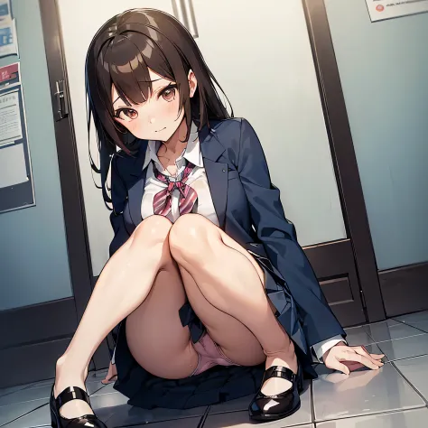 ((((masutepiece, Highest Quality, Best Quality, 1girl in, Solo, Beautiful anime、Detailed picture))))、18year old、A slender、slightly larger breasts、skinny thigh、((dark brown hair、Straight、Longhaire、Brown-eyed、rounded eyes、Clear department、、)),((Dirty floor、F...