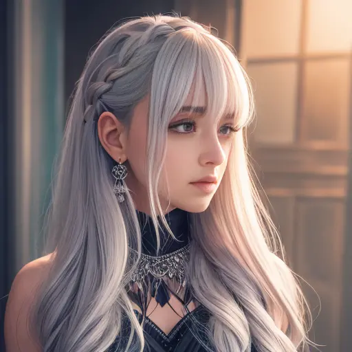 silver hair, pink hair, bangs, curly hair, french braid, long hair, parted bangs, very long hair, crystal hair, absurdly long ha...