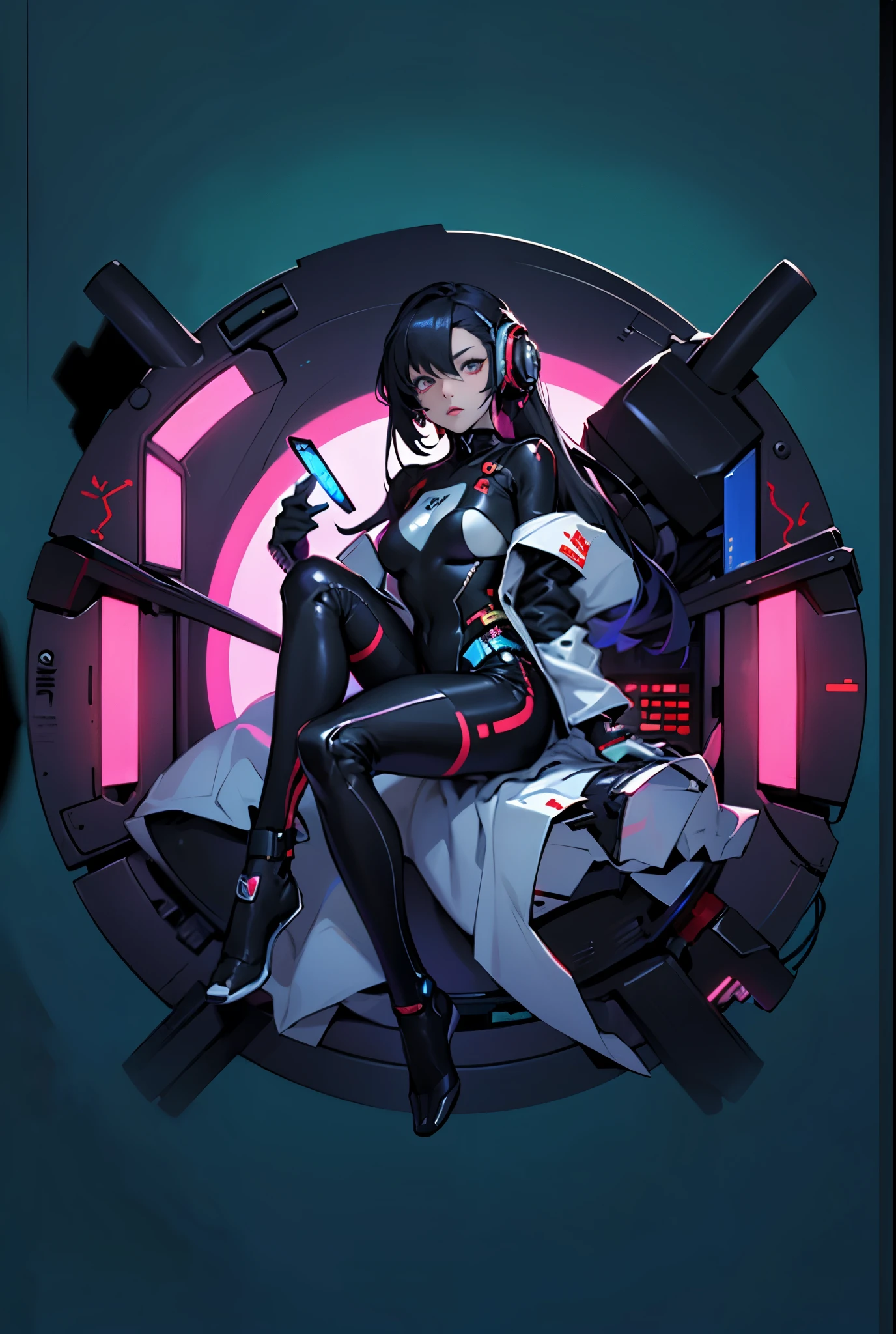 a woman in a black and white outfit sitting on a machine, cyberpunk anime girl, female cyberpunk anime girl, anime cyberpunk art, anime cyberpunk, digital cyberpunk anime art, cyberpunk anime girl mech, digital cyberpunk - anime art, modern cyberpunk anime, cyberpunk anime art, digital cyberpunk anime!!, perfect android girl, cybercore, oppai cyberpunk, nightcore, android heroine