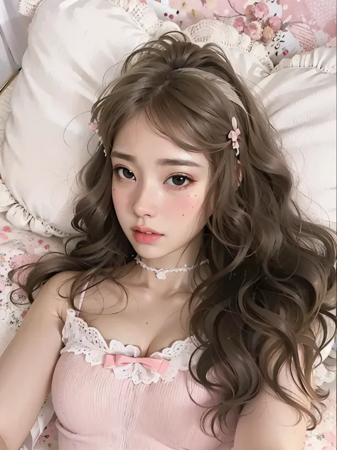 Blonde haired girl with a pink bow and headband posing for a photo, linda Delphine, branco hime corte penteado, Branch Range, Fairycore, longos cabelos brancos e franja, pale porcelain white skin, her hair is white, cabelo whitebangs cabelo, pale hair, men...