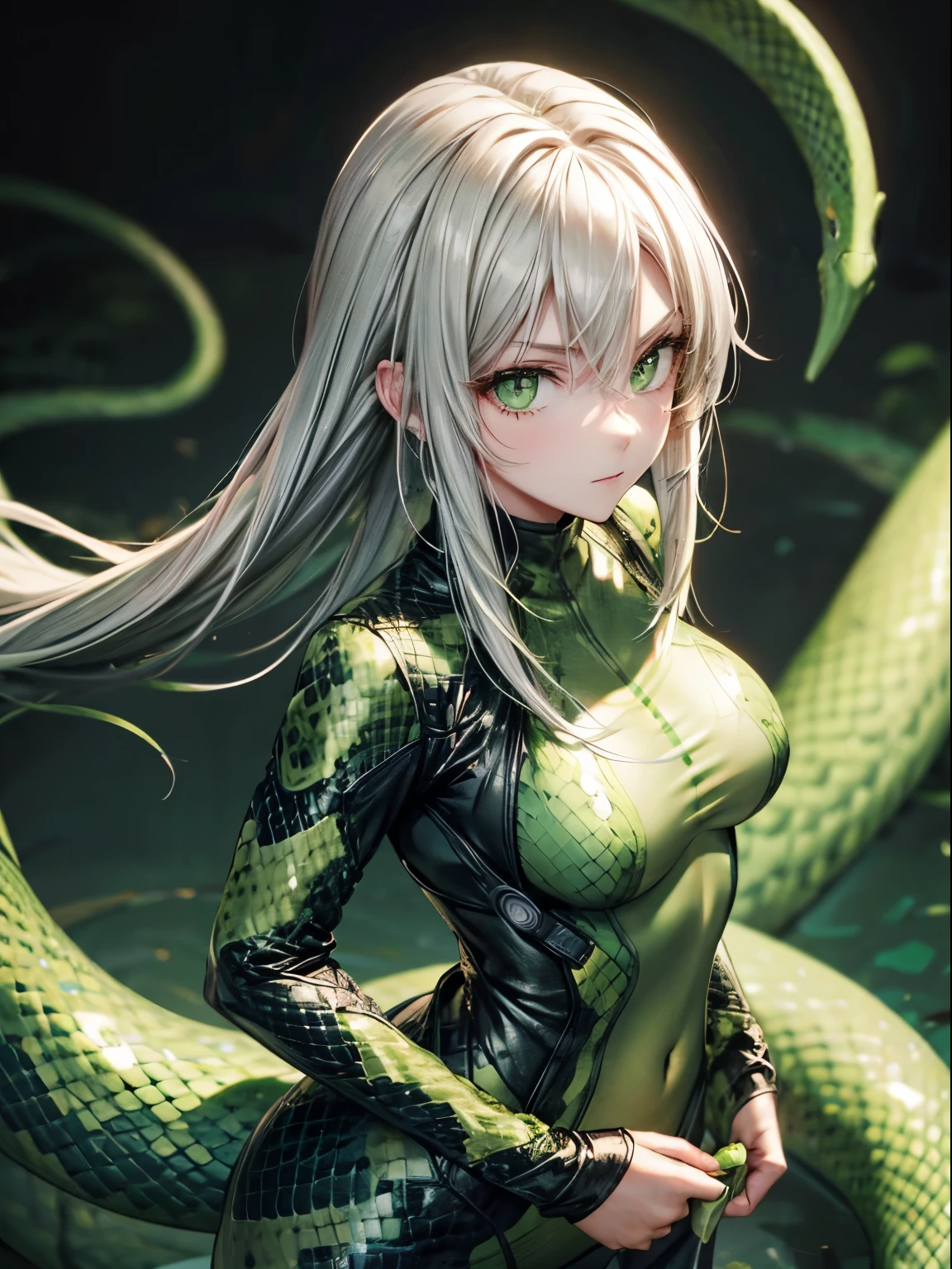 蛇女,蛇色連體衣, 綠色的,綠色的 eyes, 蛇眼, 白頭髮, 沒有表情