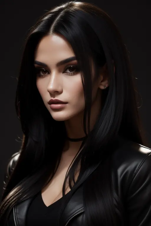 a young beautiful woman with long black hair and a black jacket, i can't believe how beautiful and sexy she is, distinct facial ...