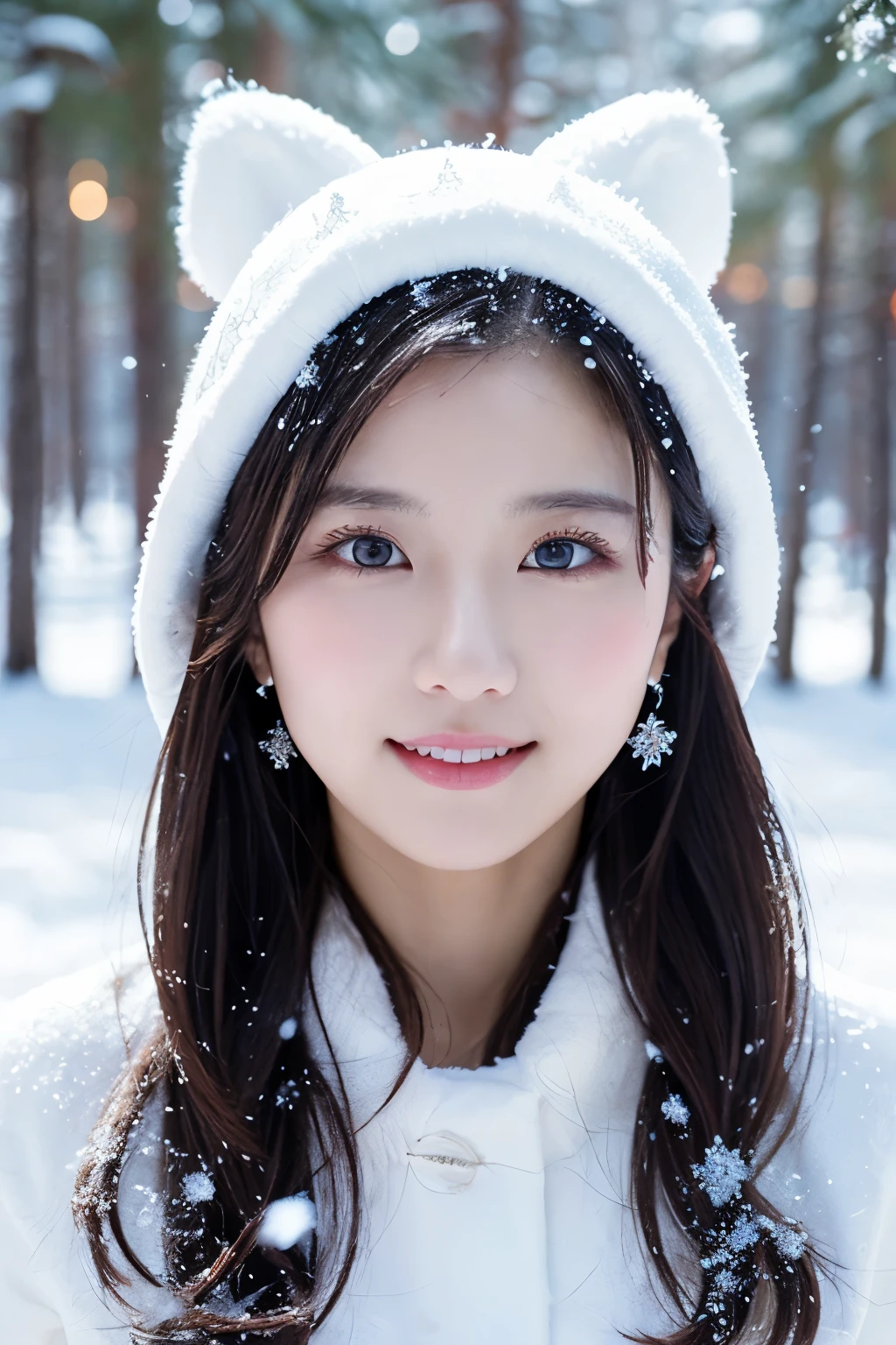 1girl in, (white winter costume:1.2), Japanese beautiful actress,
(Raw photo, Best Quality), (Realistic, Photorealsitic:1.4), (masutepiece), photogenic,
Snow Princess, Beautiful detailed eyes, Beautiful detailed lips, extremely detailed eye and face, long eyelashes,
Snowflake Earrings,
BREAK
(Lapland snow field in winter), 
Sparkling snowflakes, ethereal beauty, Swirling snowflakes, Snowy trees々, A world full of dazzling light,
Luminescent debris, Powder snow, Snowflakes shining in the sunshine, snow-capped mountain, Icy breath, 
Blue and silver color scheme, Ramatic lighting, diamond dust shine, (REAK Perfect Anatomy with lots of glowing lights, Slender body, Small, Short hair, Archaic Smile,
Crystal-like skin, -Clear eyes