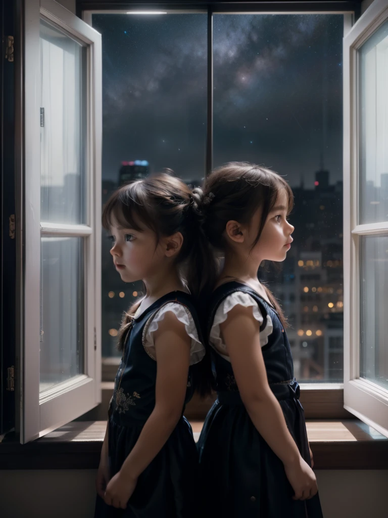 房间里的两个小女孩站在窗户附近, 柔光, 透过窗户的星空, 城市夜景灯光背景, (最好的质量, 4K, 8千, 高分辨率, 杰作: 1.2), 极其详细, 实际的: 1.37 , HDR, 超高清 , 工作室灯光, 超精细绘画, 清晰聚焦, 基于物理的渲染, 两个小女孩在一个房间里, 极其详细的描述, 专业的, 鲜艳的颜色, 散景, 幻想肖像, 最高图像质量, Hyper实际的 (8千), ultra-实际的, 最好的质量, 高质量, 高清