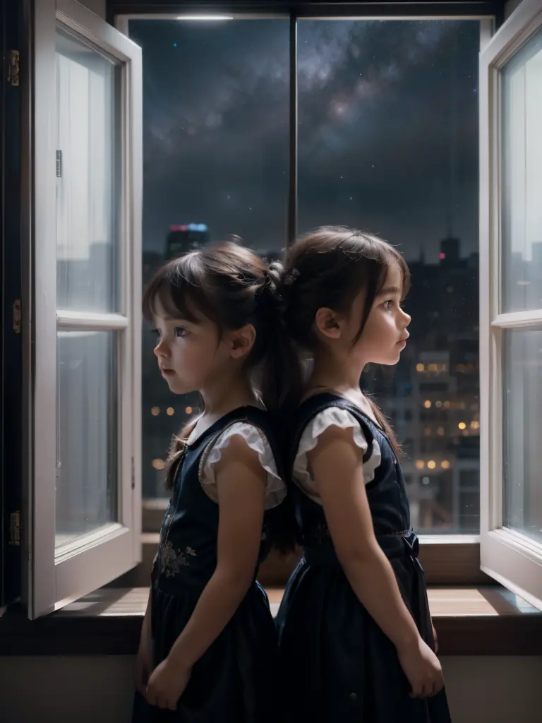 two little girls in a room standing near a window, soft light, starry sky through the window, city night lights background, (bes...