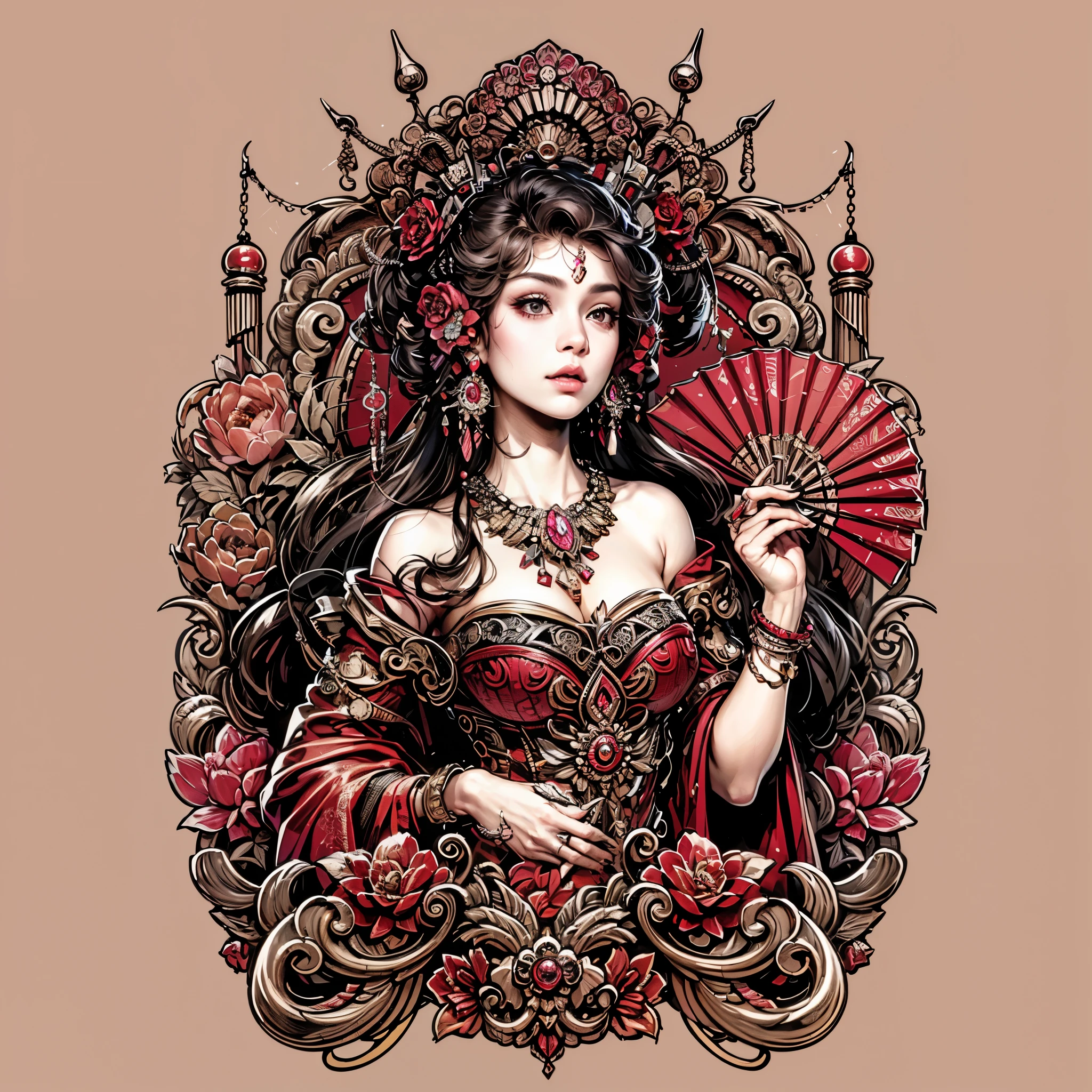 a painting of a woman large breast with flowers in her hair, a beautiful fantasy empress, beautiful gorgeous digital art, gilded lotus princess, beautiful art uhd 4 k, gorgeous digital art, a beautiful artwork illustration, beautiful digital art, portrait of a beautiful goddess, beauty woman, very beautiful digital art, exquisite digital illustration, beauty woman with detailed faces, 4k highly detailed digital art masterpiece, best quality:1.2),,(8k,highres,RAW photo,realistic,photo-realistic:1.3),(detailed skin texture,detailed cloth texture,beautiful detailed face:1.25),professional lighting,photon mapping,beautiful soft light,radiosity,physically-based rendering,raytracing, model shoot style, model shoot style, (extremely detailed CG unity 8k wallpaper), full shot body photo of the most beautiful artwork in the world,