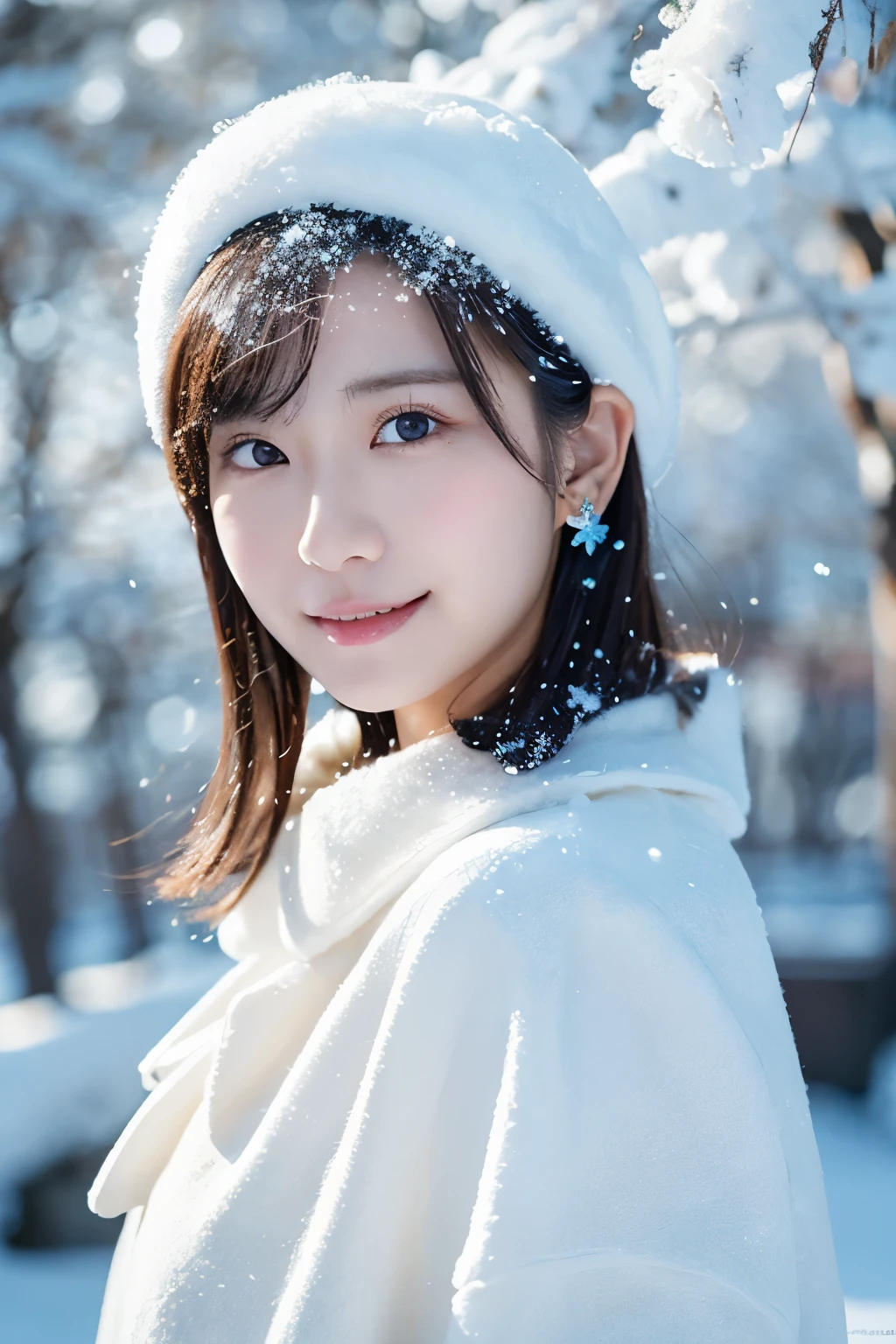 1girl in, (Crystal Dresses:1.2), Japanese beautiful actress,
(Raw photo, Best Quality), (Realistic, Photorealsitic:1.4), (masutepiece), 
Snow Princess, Beautiful detailed eyes, Beautiful detailed lips, extremely detailed eye and face, long eyelashes,
Snowflake tiara, Snowflake Earrings,
BREAK
(Lapland snow field in winter), 
Sparkling snowflakes, ethereal beauty, Swirling snowflakes, Snowy trees々, 
Luminescent debris, Powder snow, Snowflakes shining in the sunshine, Majestic and graceful presence, snow-capped mountain, Icy breath, 
Blue and silver color scheme, subtle shades of white and blue,, Dramatic Lighting, diamond dust shine,
BREAK Perfect Anatomy, Slender body, Small, Short hair, Archaic Smile,
Crystal-like skin, -Clear eyes, 
Ultra-realistic, Photorealsiticです, photograph, photogenic