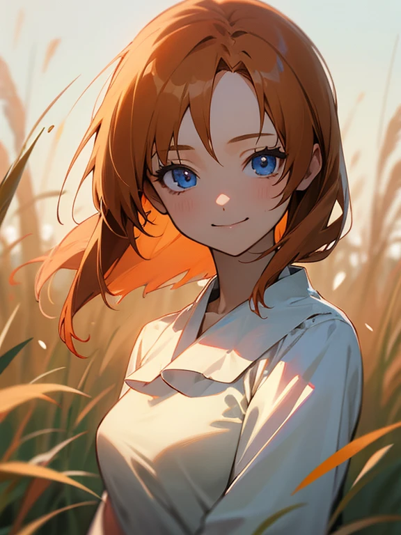 1girl in，独奏，masutepiece，Detailed details，White blouse，onepiece，long brown head hair，Blue eyes，Warm lighting，grass field，beautful view，a smile，