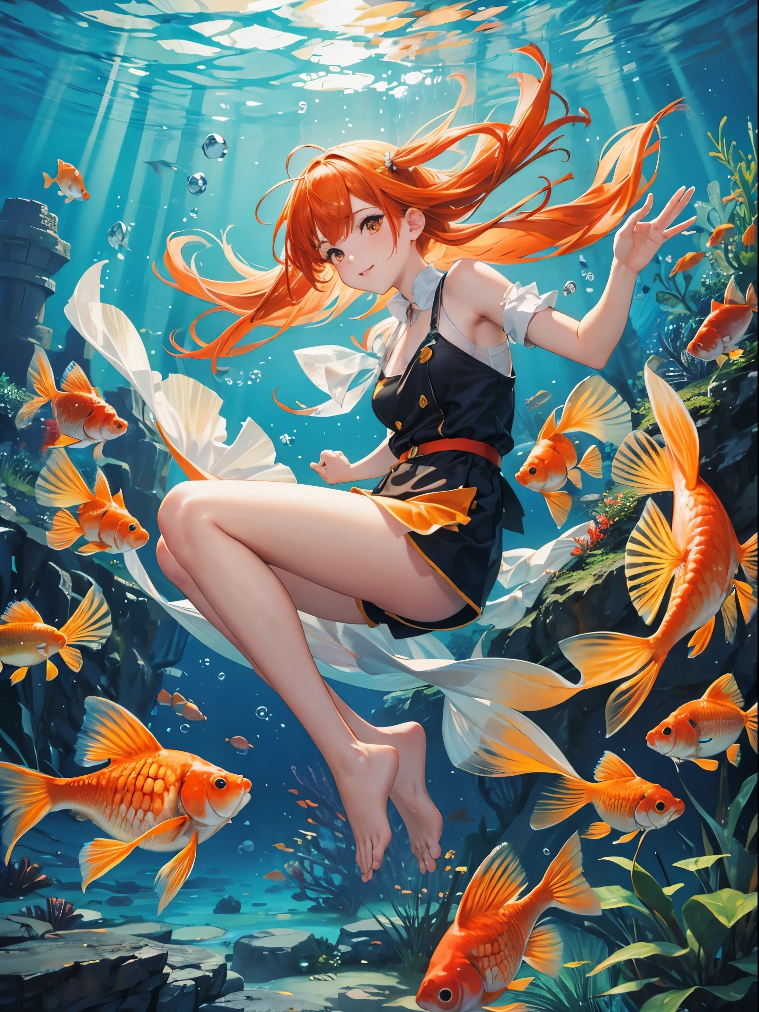 Fish girl, art, luminos, orange, fish, fantasy, girl, sen baek