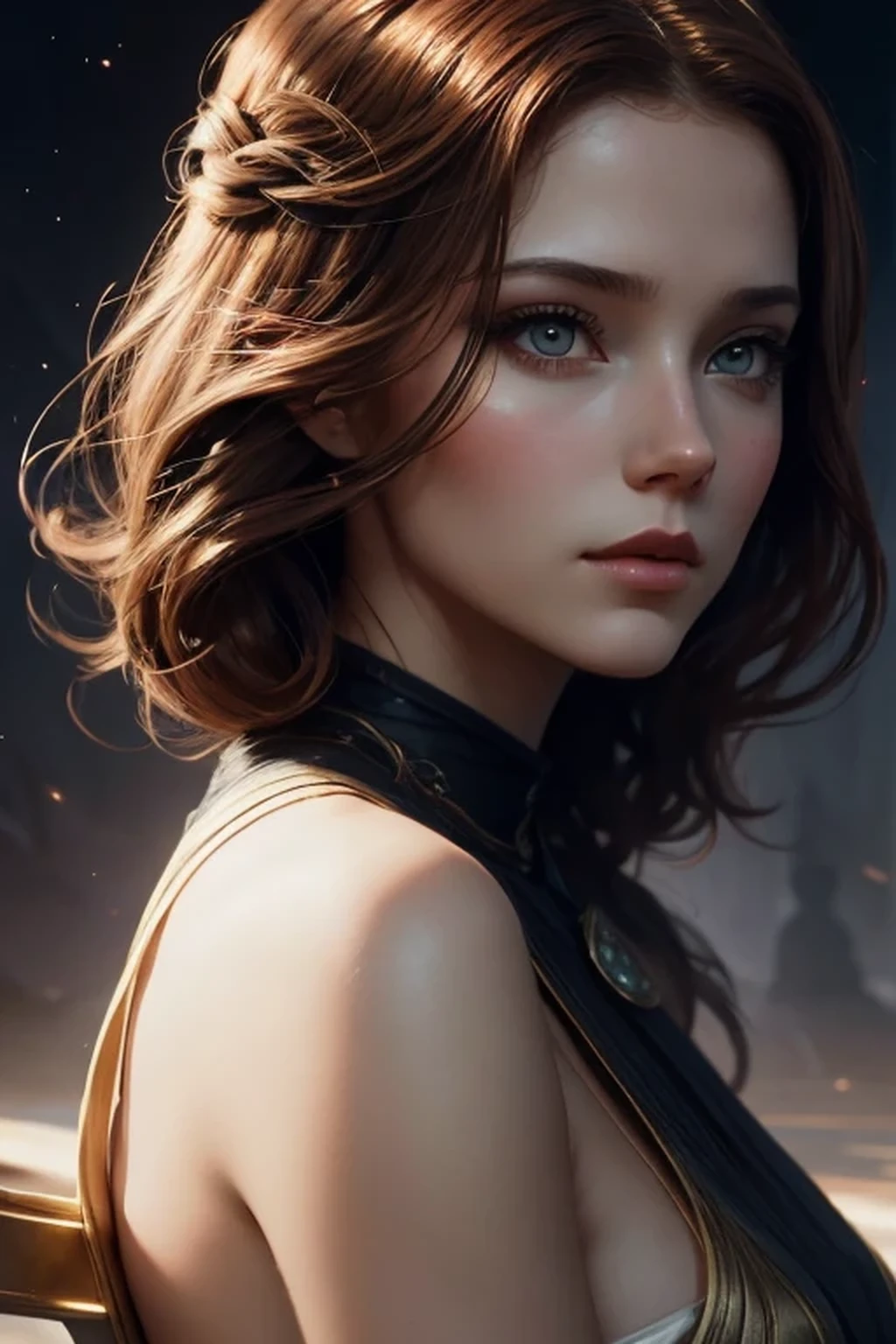 Amelia, sublime fille d&#39;une sénatrice dans l&#39;univers de Star Wars, 16 ans, cheveux longs auburn, Yeux verts, autoritaire, Elegant, distinguished, brodés tours, Watch the camera. highly detailed, digital painting, ArtStation, Art conceptuel, lisse, mise au point nette, illustration, Illustration par Wlop, Charlie Bowater et Alexandra Fomina. photo en pied.