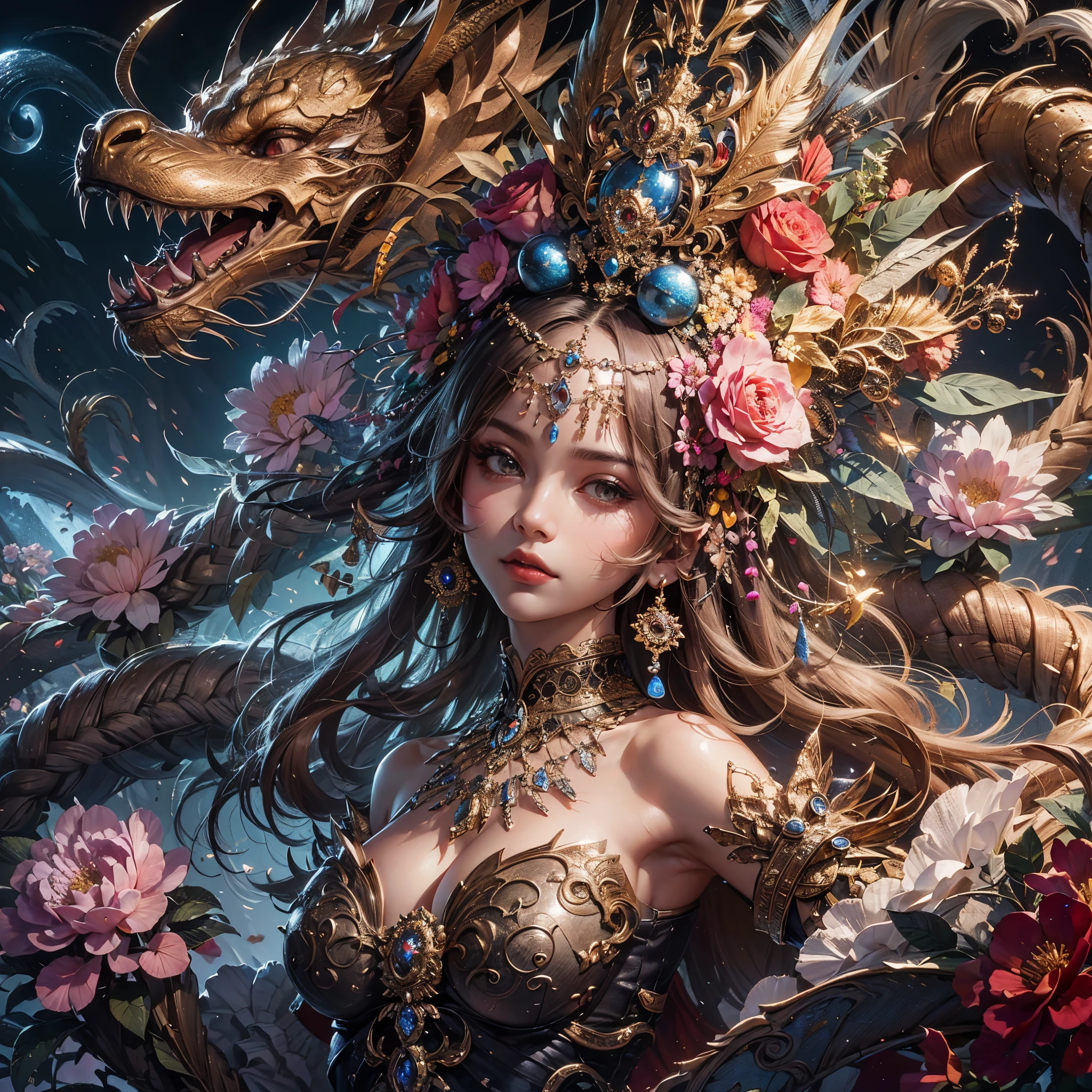 a woman with large breast with a dragon headdress and flowers in her hair, goddess. extremely high detail, 4k highly detailed digital art, extremely detailed goddess shot, intricate ornate anime cgi style, detailed fantasy digital art, great digital art with details, intricate digital painting, 4 k highly detailed art, karol bak uhd, gorgeous digital art, ultra detailed color art, masterpiece, best quality:1.2),,(8k,highres,RAW photo,realistic,photo-realistic:1.3),(detailed skin texture,detailed cloth texture,beautiful detailed face:1.25),professional lighting,photon mapping,beautiful soft light,radiosity,physically-based rendering,raytracing, model shoot style, model shoot style, (extremely detailed CG unity 8k wallpaper), full shot body photo of the most beautiful artwork in the world,