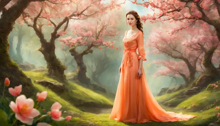 1 girl "cate austencom vestido laranja longo", pintura: spring is colorful, com uma flor vermelha destacando-se entre as demais....