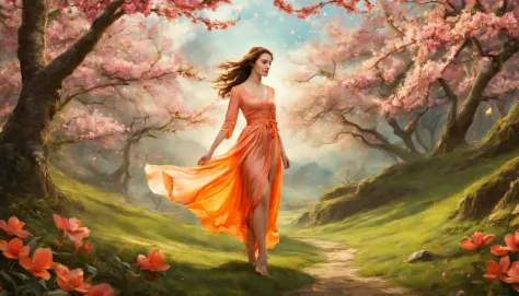 1 girl "cate austencom vestido laranja longo", pintura: spring is colorful, com uma flor vermelha destacando-se entre as demais....