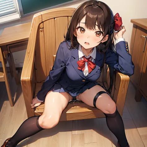 ((((masutepiece, Highest Quality, Best Quality, 1girl in, Solo, Beautiful anime、Detailed picture))))、18year old、A slender、slightly larger breasts、skinny thigh、((dark brown hair、Straight、Longhaire、Brown-eyed、rounded eyes、Clear department、、)),((‎Classroom))、...
