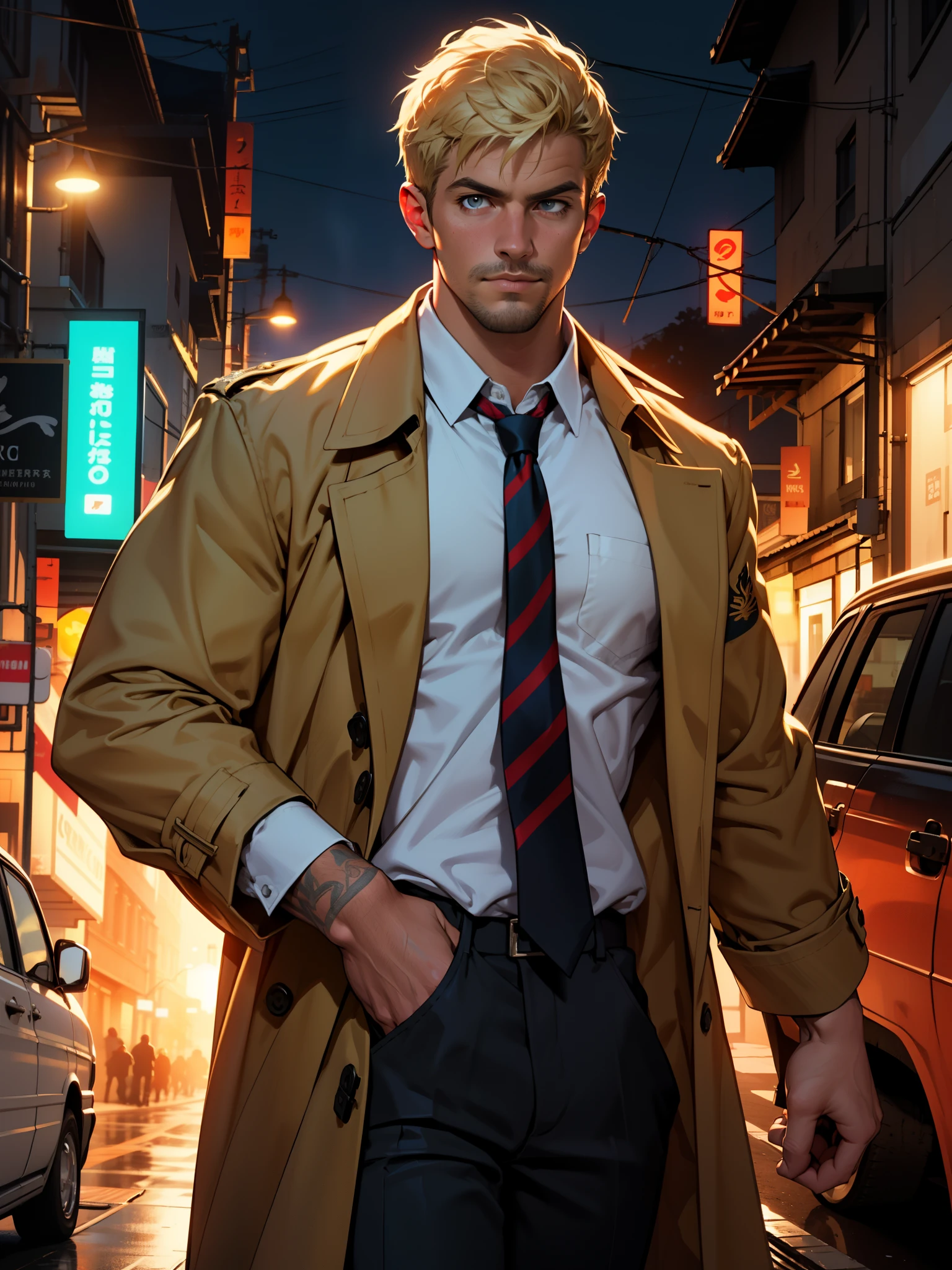 1 man, solo, John Constantine,  British man, tall, fit muscle, big baggy faded plain yellow trench coat, ((loose long red tie)), loose untidy white shirt, black trousers,  a fireball out of his right hand, smirks, light blond hair, crew cut hair style, hades style fire, dark Liverpool street in the background, nightime, best quality, 4k, upper body shot, wallpaper, Dynamic Angle, volumetric lighting, (Best quality, A high resolution, Photorealistic), Cinematic lighting, Masterpiece, RAW photo, Intricate details, hdr, depth of field
