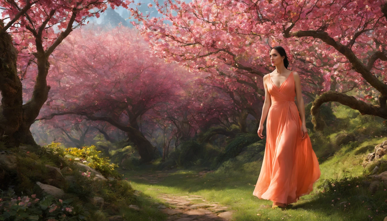 女の子1人 "オレンジのロングドレスを着たジェニファー・コネリー", ペイント: 春は色鮮やか, 赤い花が他の花の中で目立っています. エンチャント ガーデン, ファンタジーゴージャスな照明, 夜の自然の風景, 魅惑的な魔法のファンタジーの森. ピーチブロッサムランド, 天国, CGゲーム, 手描きスタイル, 8K, ウルトラHD |.