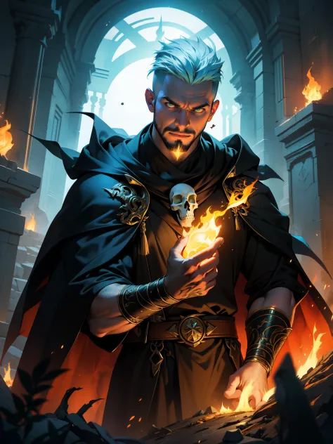 mature male,short hair,facial hair,wizard,necromancer,skull,green fire,horror \(theme\),dark fantasy,evil,cape, Dynamic Angle, v...