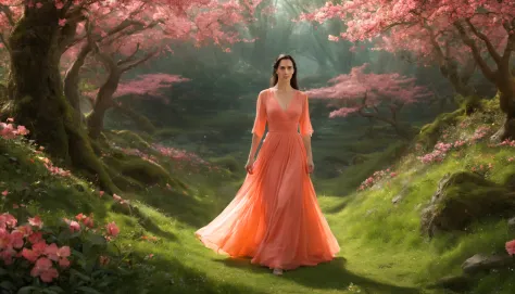 1 girl "jennifer connelly com vestido laranja longo", pintura: spring is colorful, com uma flor vermelha destacando-se entre as ...