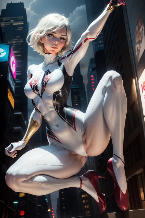 Female Spider-Man Gwen，White suit，Black spider symbol，Ballet shoes，golden ratio body, Flexible body，Calm expression，New York City at night，Handsome gestures，heroism，majestic-looking，Abs