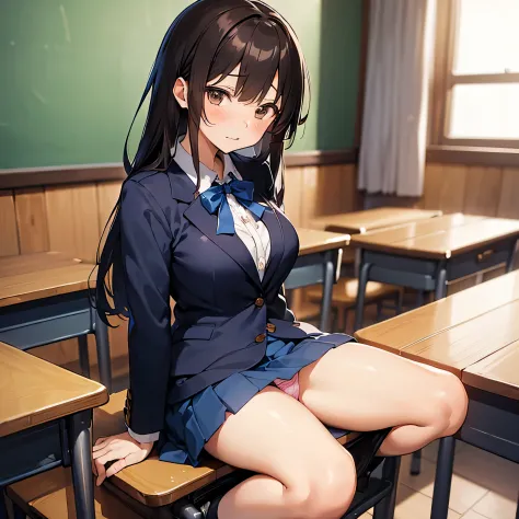 ((((masutepiece, Highest Quality, Best Quality, 1girl in, Solo, Beautiful anime、Detailed picture))))、18year old、A slender、slightly larger breasts、skinny thigh、((dark brown hair、Straight、Longhaire、Brown-eyed、rounded eyes、Clear department、、)),((‎Classroom))、...