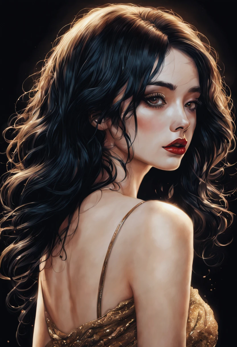 chiaroscuro technique on  illustration of an elegant oldies , wet hair, vintage, eerie, matte painting, by Hannah Dale, by Harumi Hironaka, extremely soft colors, vibrant, highly detailed, digital illustrations , high contrast, dramatic, refined, tonal, facial expression, golden ratio