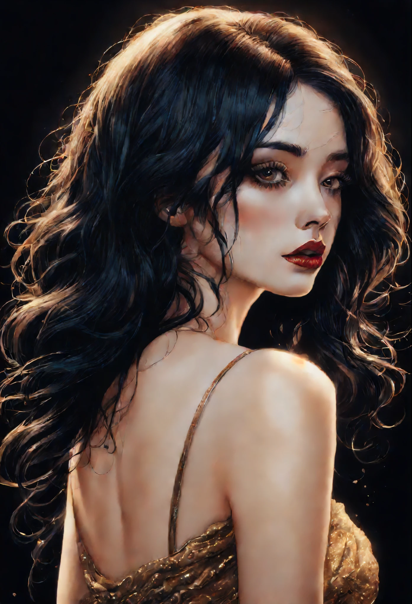 Técnica de claroscuro en la ilustración de un clásico elegante. , pelo húmedo, antiguo, misterioso, pintura mate, por Hannah Dale, por Harumi Hironaka, colores extremadamente suaves, vibrante, muy detallado, ilustraciones digitales , alto contraste, dramático, refinado, tonal, Expresión facial, proporción áurea