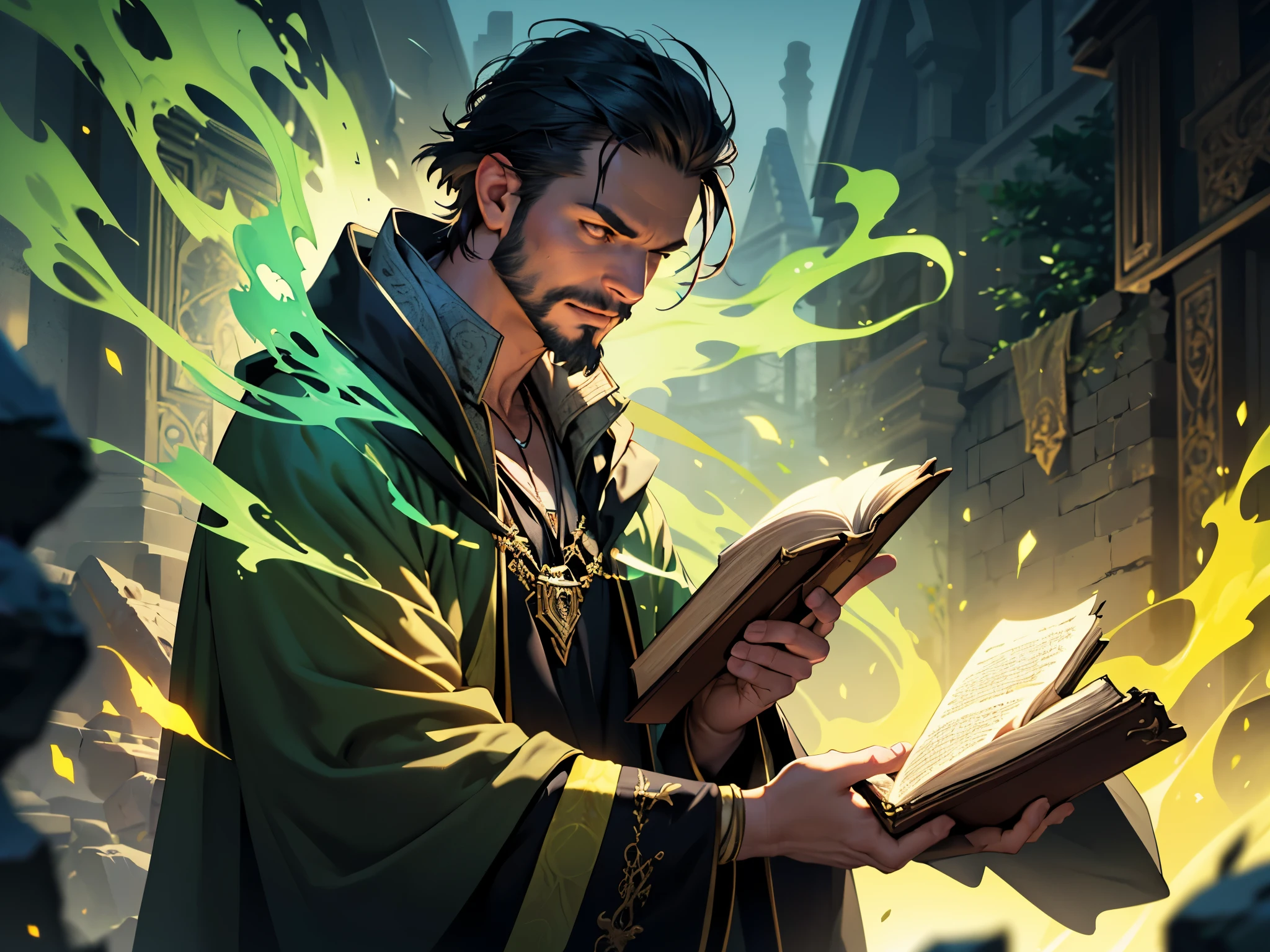 mature male,short hair,facial hair,wizard,necromancer,magic necklace, holding an ancient magic book, green fire,horror \(theme\),dark fantasy,evil,cape, Dynamic Angle, volumetric lighting, (Best quality, A high resolution, Photorealistic), Cinematic lighting, Masterpiece, RAW photo, Intricate details, hdr, depth of field