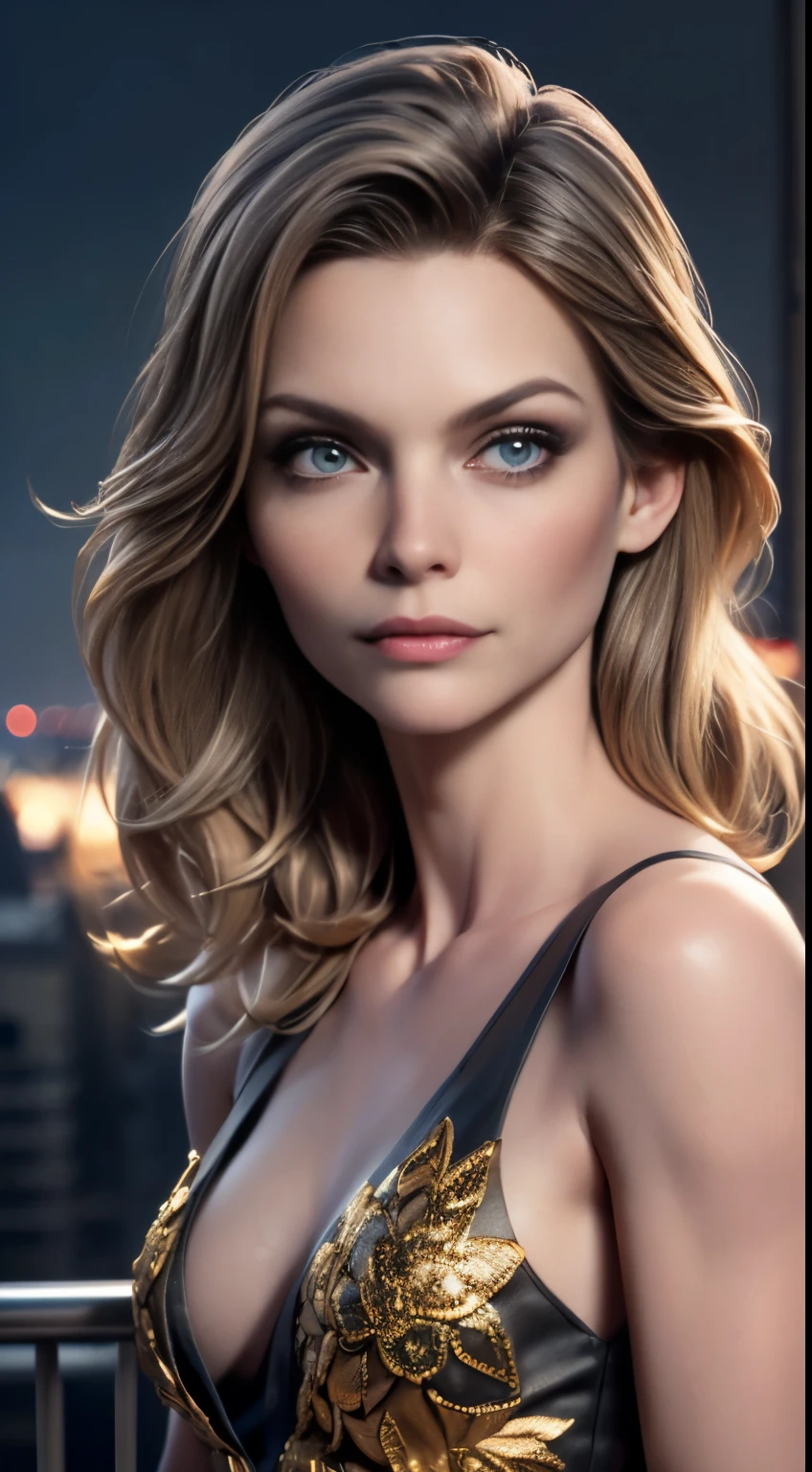 photo of Michelle Pfeiffer, RAW, beautiful woman, ((portrait)), ((detailed face:1.2)), ((detailed facial feature, detailed skin, clear skin), (perfect proportioned body), (wearing a colorful dress) (high detailed city environment, apartment balcony), (realistic photo, best quality, detailed), (8k wallpaper), (cinematic lighting, dramatic lighting) (sharp focus, intricate)