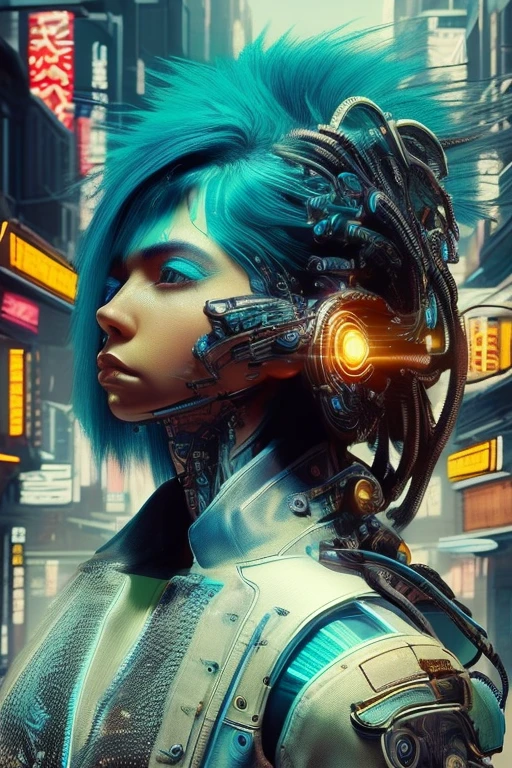 chef-d&#39;œuvre, Haute définition, Moteur irréel, homme aux longs cheveux bleu ciel faits de câbles à fibres optiques, fusion de pièces biomécaniques et de vêtements en cuir futuristes avec effets de lumière, regard en colère, 2 armes futuristes au corps entier de style cyberpunk , corps parfait dans un monde futuriste dystopique dans le style du cyberpunk 2077, au sommet d&#39;un gratte-ciel cyberpunk 2077