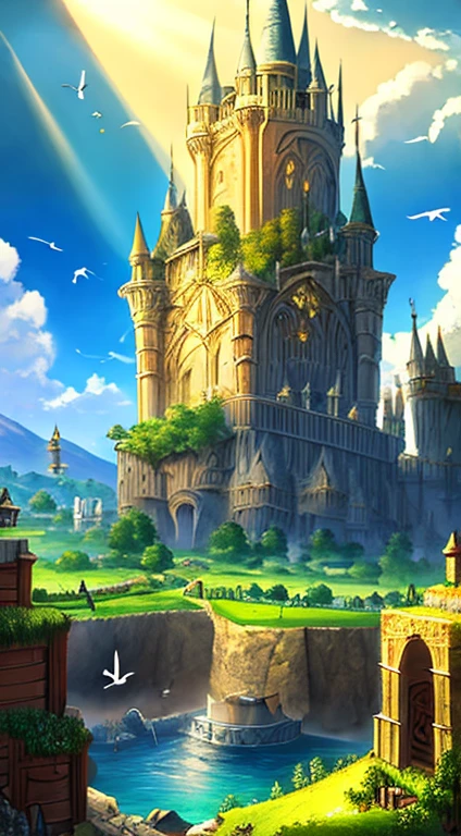 medieval kingdom. sunny morning. 8k resolution. ratio 3:2. very high drawing skills. bird's eye viewpoint. very stunning view. amazing light effects. thick medieval fantasy illustrations. very large area.