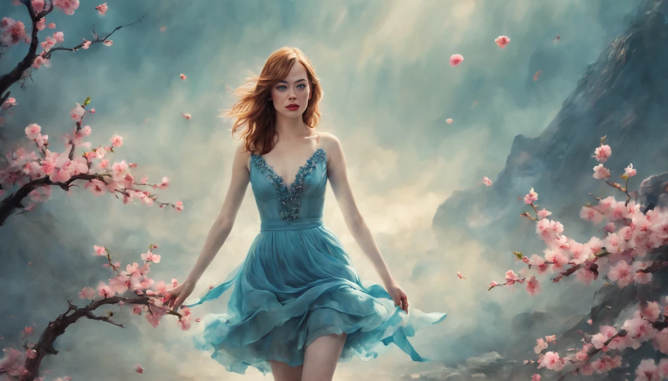 1 Mädchen "Emma Stone in einem langen burgunderroten Kleid", （König-Kartenspiel:1.5, Rotationssymmetrie),Stephen Gammell,(Cowboy-Schuss), minimalistische Kompositionen, exquisite Kristallrüstung，Elektrolumineszierender Draht, magische Funken, verzauberte magische Fantasie. Pfirsichblütenland, Himmel, CG-Spiel, Handgemalter Stil, 8k, Ultra HD |, konzeptionelle digitale Kunst, Azurblau und Grau,(Sehr detailiert, sinnvolles Design, klare Linien, hohe schärfe, Bessere Qualität, Masterteil, 4k ).