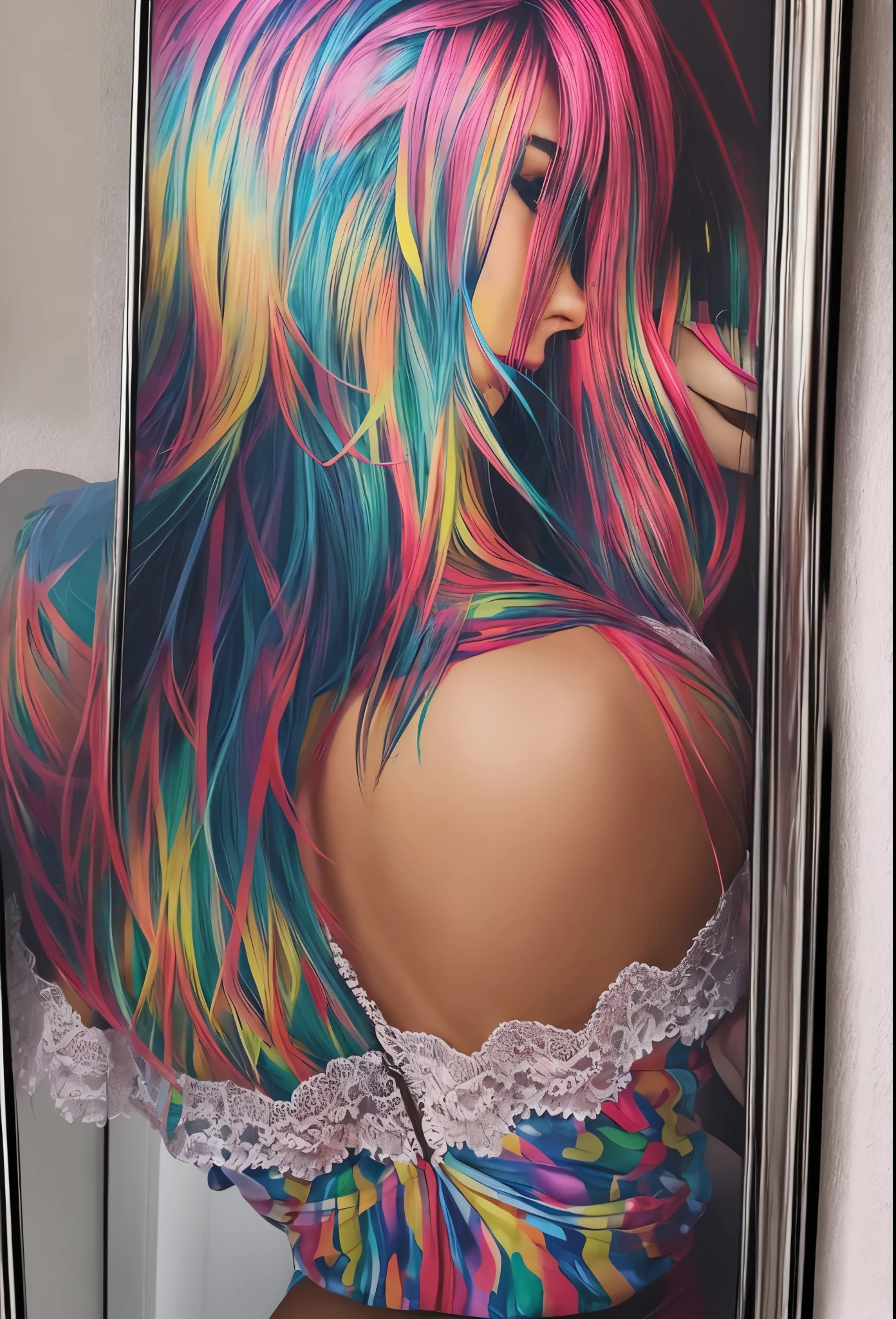 Pintura de uma mulher com cabelos coloridos em um espelho - SeaArt AI