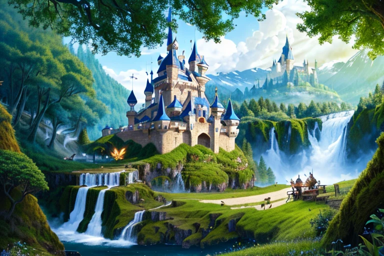 (fairy tale world), castles, floating island waterfalls, all kinds of magical creatures. Beautiful fairies, knights, elves, dwarfs. Mysterious forests, enchanted castles, fabulous kingdoms. Realism, chiaroscuro, cinematic lighting, 135mm, panorama, best quality, high details, UHD, masterpiece