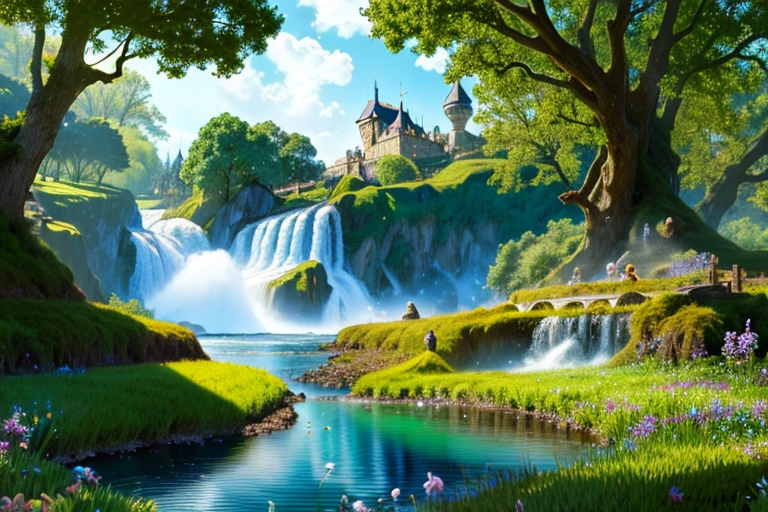 (fairy tale world), castles, floating island waterfalls, all kinds of magical creatures. Beautiful fairies, knights, elves, dwarfs. Mysterious forests, enchanted castles, fabulous kingdoms. Realism, chiaroscuro, cinematic lighting, 135mm, panorama, best quality, high details, UHD, masterpiece