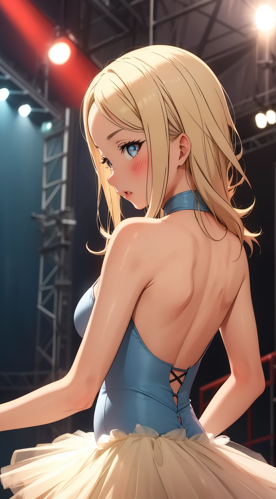 masterpiece, best quality, highly detailed, ultra high res, ayase arisa, 1girl, solo, blue eyes, hair ornament, blonde hair, long hair, blush, glossy lips, ballerina, sleeveless leotard, (tutu), medium breasts, full body, (view from behind), stage