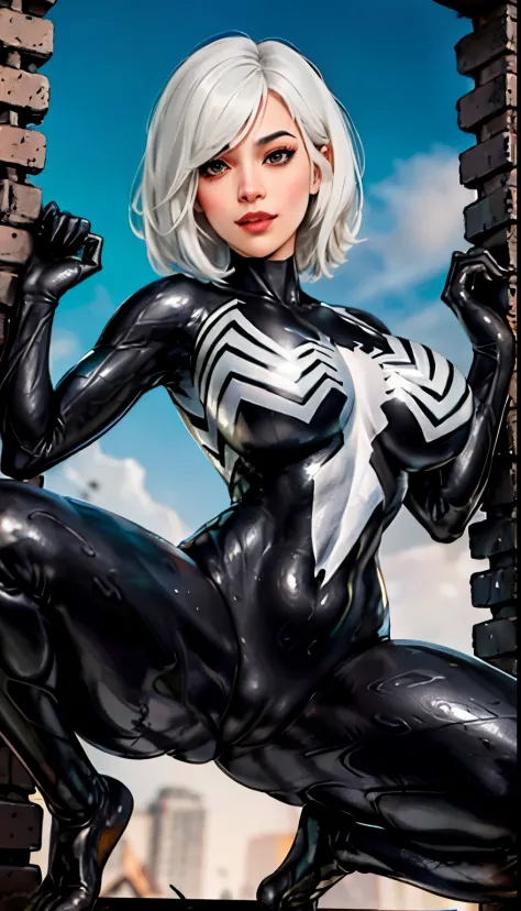 4K，realisticlying，Glamorous，The  very detailed，There  a girl in Dingcheng，White hair，Wearing a black Spider-Man costume，（Black and white：1.4） the night,symbiote，venomize，a large amount of mucus,she  a spiderman，Black superhero theme，In front of the sky，Flu...