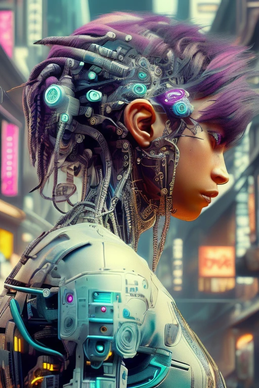 masterpiece, high definition, unreal engine, cyberpunk 2077, full body, perfect body, rebellious young girl cyborg, sexy looking young girl, long light purple hair, futuristic women's clothing in the style of cyberpunk 2077, cyberpunk city 2077, in a dystopian world