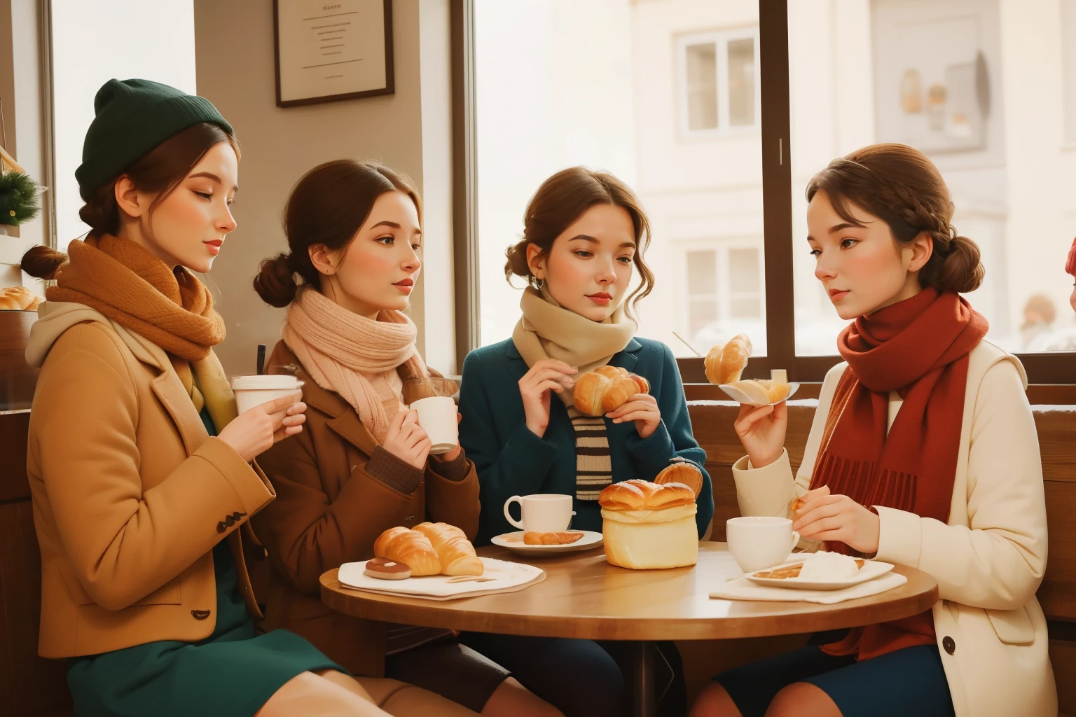 Três mulheres sentadas à mesa comendo doces e tomando café - SeaArt AI