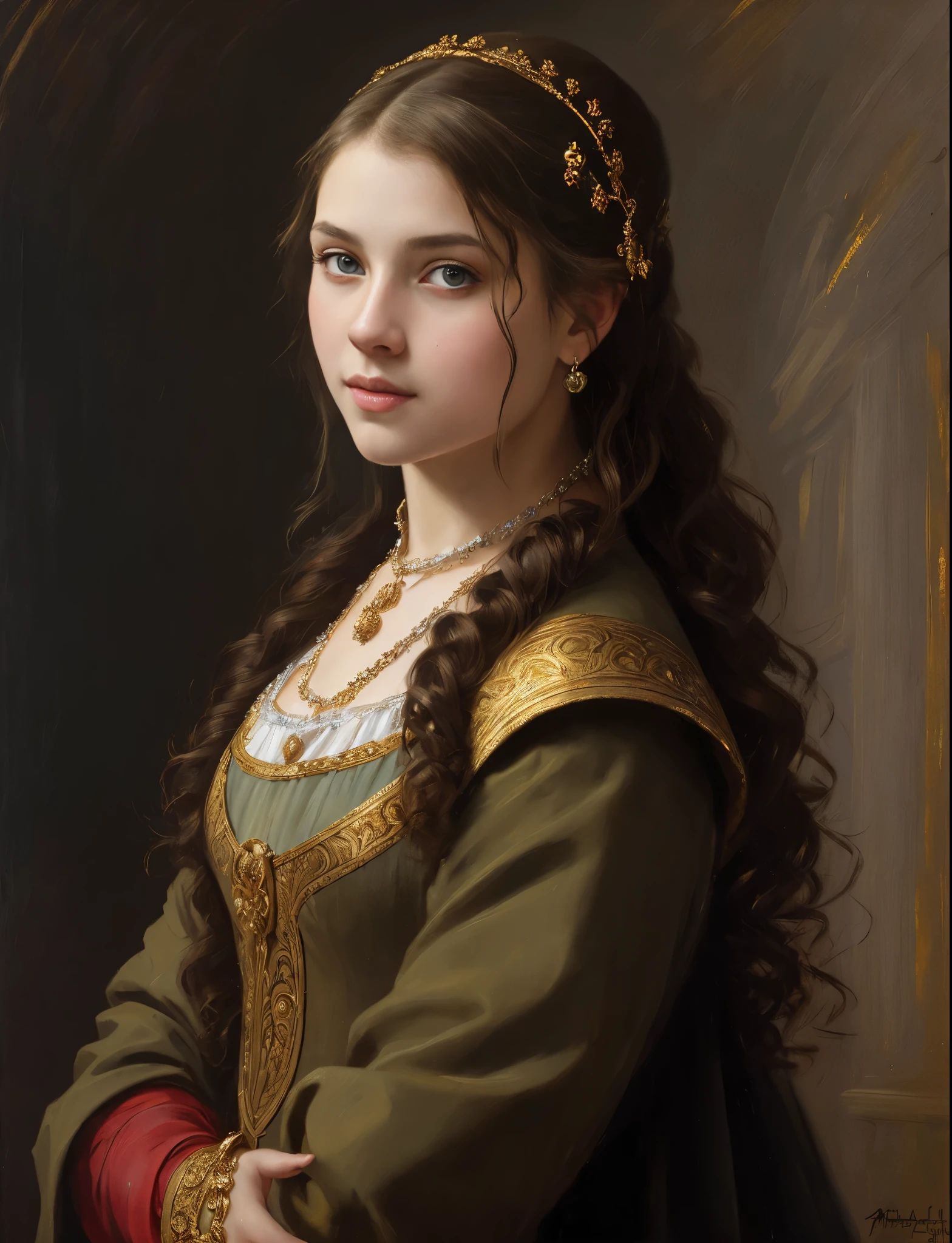 portrait, girl, middle ages, classicism, andrey atroshenko style, painting, traditional media, realistic, figurative, fine art, oil on canvas, HDR, 8K, original character, high resolution, high detail, focus on the face