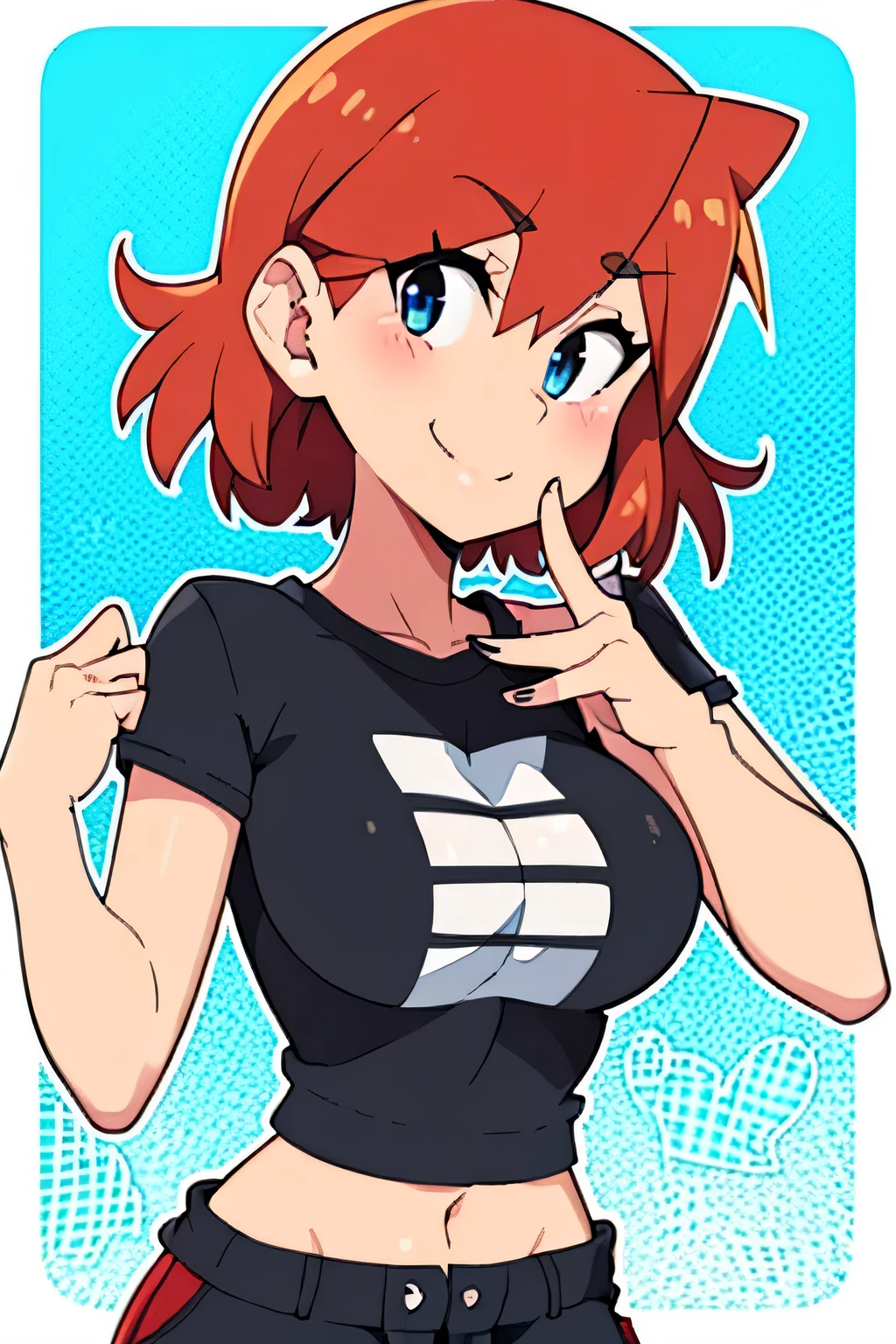 Orange hair, Blue eyes, Short hair, Looking at Viewer, Upper body, Standing, Short shorts, Red shorts, Black shirt, Midriff, T-shirt, Smile, 牙, masutepiece, Best Quality,