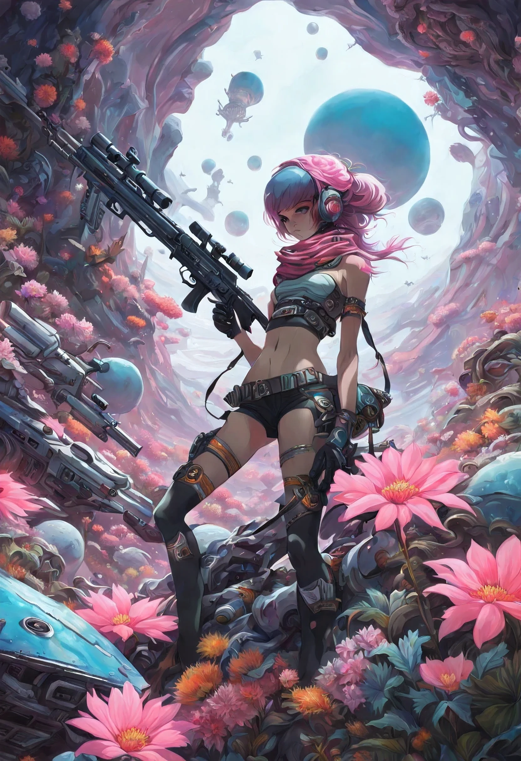 "A detailed painting of a alien Girl dressed as a space ranger, Shooting A Sniper Rifle Lying down in an extraterrestrial landscape adorned with vibrant, otherworldly flowers, Space ship Wreks. Science fiction wonderland, imaginative, space adventure.",More Detail,,Yoko Littner,yl1, ponytail, scarf, bikini top only, short shorts, midriff, belt, fingerless gloves, skull hair ornament, elbow gloves, pink thighhighs