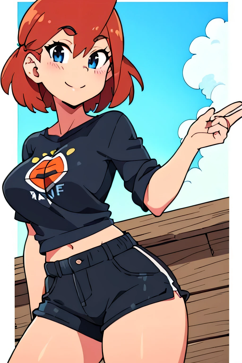 Orange hair, Blue eyes, Short hair, Looking at Viewer, Upper body, Standing, Short shorts, Red shorts, Black shirt, Midriff, T-shirt, Smile, 牙, masutepiece, Best Quality,