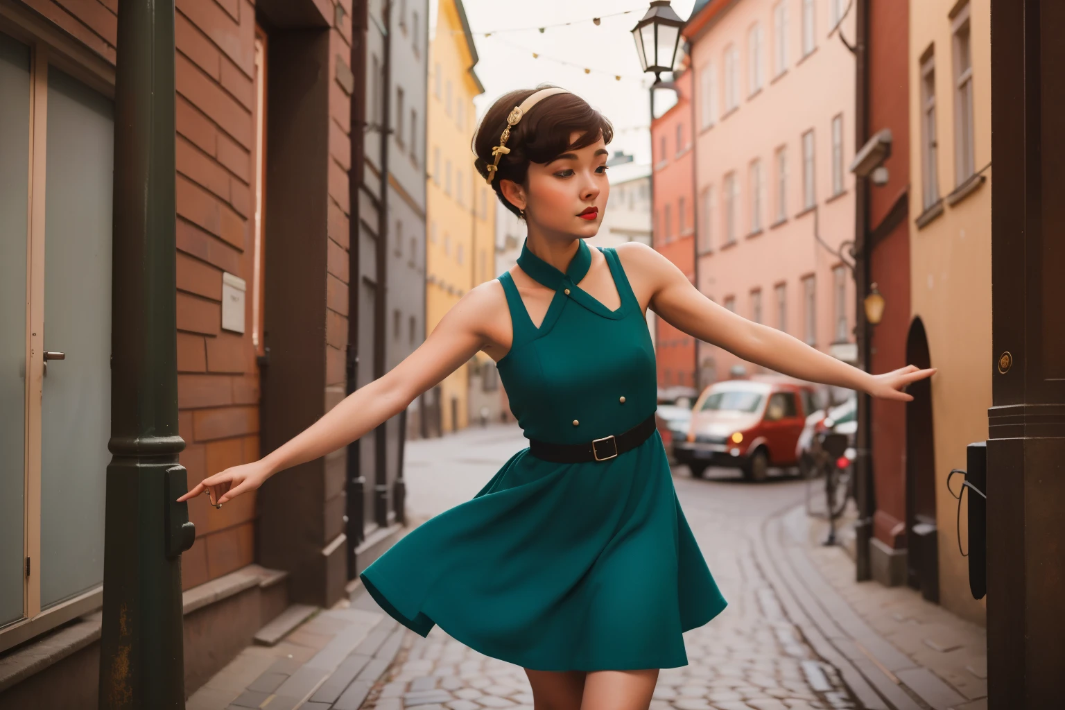 December 2023. Quaint Solo Jazz Performance in Stockholm, Sweden.

Description: A young woman with a retro pixie cut and a vintage swing dress performs a solo jazz routine on a cobblestone street in Stockholm. Her graceful movements, synchronized with the rhythmic jazz music, create a whimsical Wes Anderson solo dance scene.