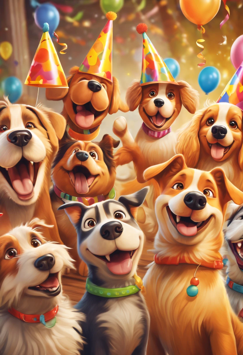 best quality,ultra-detailed,realistic,photorealistic:1.37,dogs,talking,dancing,funny expressions,beautiful lighting,warm colors,animated,joyful atmosphere,cartoon style,motion blur,comical,playful,uplifting,party hats,cheers,celebration