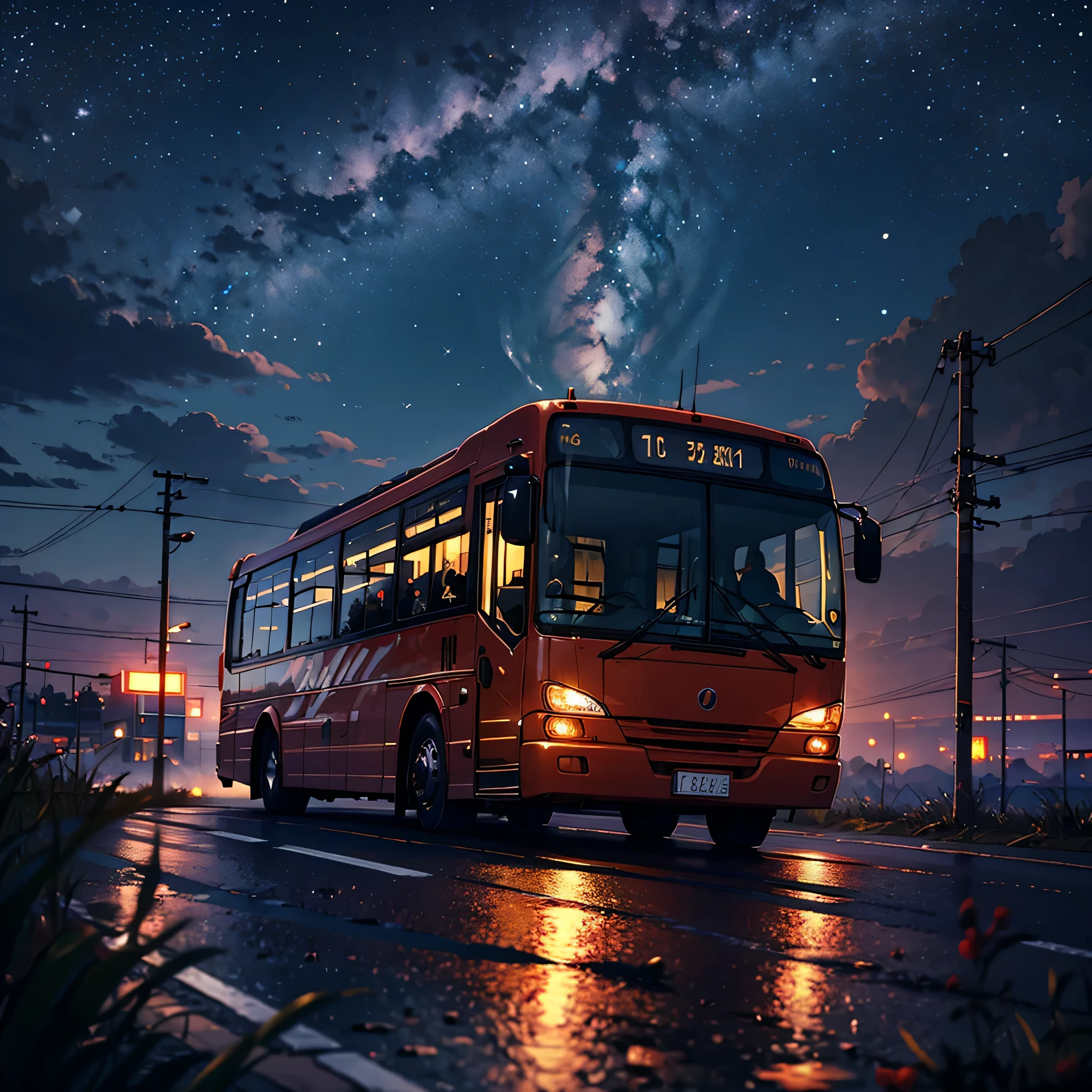 A modern public bus, red enamel color on a spooky night, dark ...